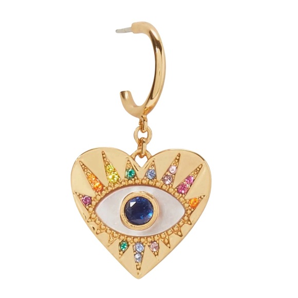 KATE SPADE Mother Of Pearl & Stone Evil Eye Drop Huggie Hoop Earrings - Picture 4 of 7